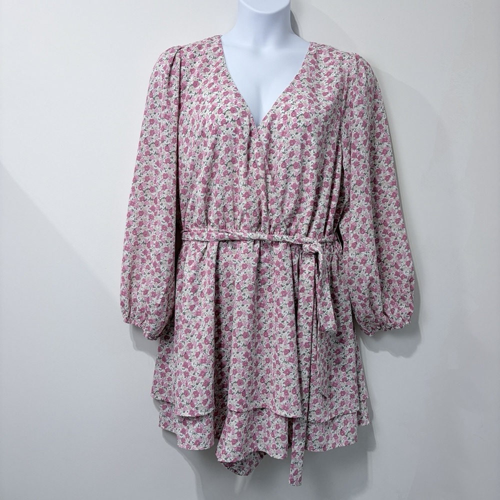 Arula‎ Pink Floral Short Romper Dress Lined Long Sleeve Sz C 2X Wedding Cottage